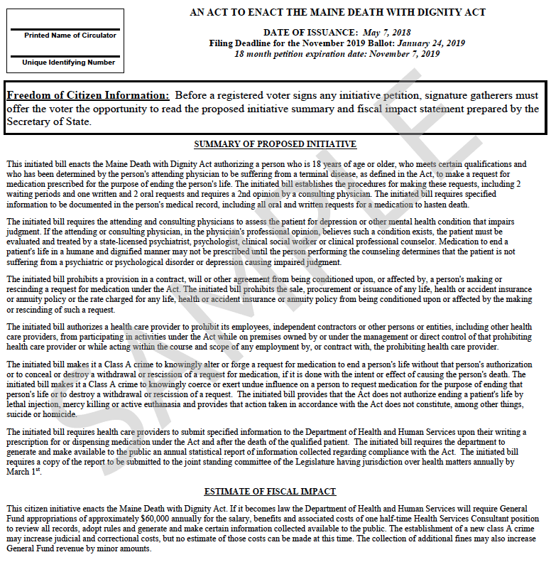 Maine Death with Dignity Petition Sample